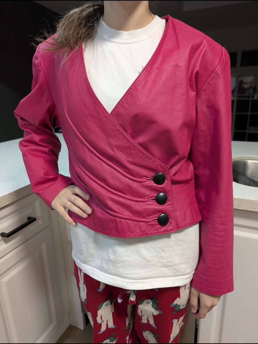 Vintage 1980s Avon Pink Wrap-Front Women's Leather Jacket with Black Buttons